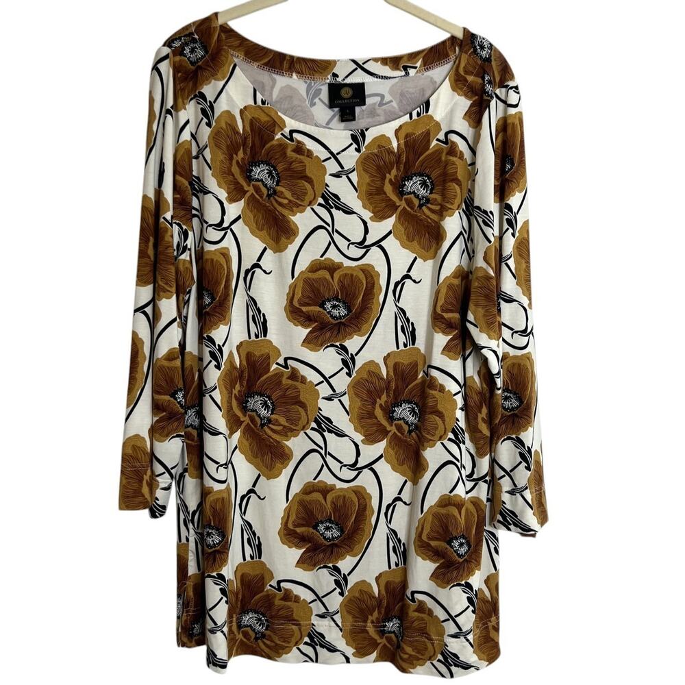 JM Collection Womens Knit Tunic Top Large Ivory Brown Bold Floral 3/4 Sleeve
